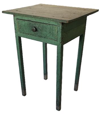 **SOLD** K1680 Eastern Shore, Maryland Hepplewhite one drawer stand with original apple green painted surface. Very unusual construction with the sides dovetailed into the front and back legs. Circa 1850. Measurements: 21 ½ wide x 17 ¾ deep x 28 ¾ tall. 