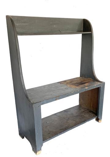 G242 Mid 19th century bucket bench from Lancaster County PA. circa 1840 The bucket bench retains the old grey painted surface over the original red wash. With a top shelf and a nice wide century shelf. Water mark on the lower shelf from where the bucket of water set