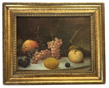 K1795 Framed oil on canvas featuring a still life setting of fruit. Signed and dated in lower right-hand corner J. F. Francis 1883. John F. Francis (1808-1886), a self-taught and highly sought after artist, was born in Philadelphia, Pennsylvania. Framed measurements: 15 ½ wide x 1 ¼ thick x 12 ½ tall. Canvas measures 12 wide x 9 tall.  