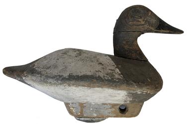 E373 Early Canvasback Hen with very unusual hand-chopped body and wooden keel with iron weight. Glass eyes. Tight crack to the neck. Circa 1940s  Bishop Head Club - Maker unknown.  Measurements: 14 long x 10 tall with keel/weight x 6 1/2 wide