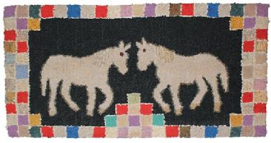 B404  Early 20th century  Two horses facing each other with a checker board patterned border. The rug has been professionally mounted on frame Hooked rugs are arguably one of the few indigenous North American folk arts, and they were extremely popular throughout the nineteenth century