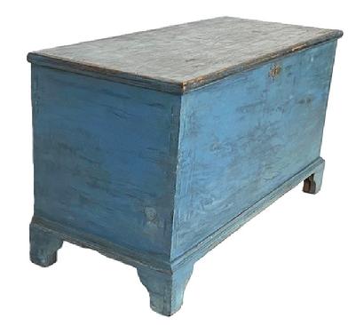 **SOLD** K1574 18th century Pennsylvania original blue painted pine blanket chest with dovetailed case, dovetailed feet and dovetailed applied bracket base. Applied molded edges surround the lid. The clean, natural patina interior boasts a lidded till and original strap hinges. Dovetail and wooden pegged construction. Circa 1780s-1790s