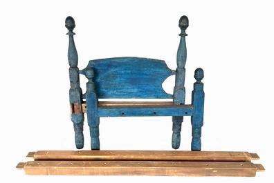 J61 Charming early 19th century Pennsylvania Childs Rope Bed with acorn turned posts retaining its original beautiful dry blue painted surface. Circa 1820  1830.   Measurements:  overall length is 59 ¼ long x 29 ¾ wide x 35" tall at the top of headboard posts.