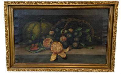 CM3 Wonderful 19th century signed and dated framed still life oil on canvas depicting a basket turned on its side that is full of plums, some strawberries lying on a bed of leaves, peaches, a partially peeled orange and a large pumpkin/gourd in the background. Signature and date in lower right hand side reads: C. S. Marshall 1893