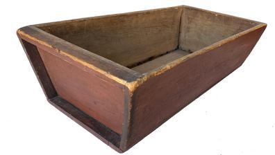 L215 Early 19th century Dough Box in the original dry red paint, this Dough Box is 5 board construction, dovetailed jpointed, with a nailed on bottom with square head nails, beautiful old patina 