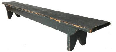  F400 19th century splay leg Prayer Bench with the beautiful dry original green paint, square head nail construction, circa 1850