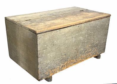 H998 Early 18th century Pennsylvania original gray painted Wood / Storage Box with dovetailed case resting on applied shoe feet. Rosehead nail construction. The wood is pine. Measurements: 38 wide x 19 ½ tall x 22 ¼ deep