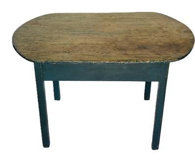 E232 18th century Massachusetts Tavern Table with a beautiful, scrubbed oval one-board top, in original blue painted surface. The top is resting on a mortised and pegged base with beaded legs with molded outer edge. (circa 1790-1810) Early home repair as shown in photos.