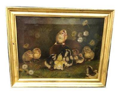 F18 Wonderful oil painting of a baby chick standing on an old tin can with a worm in his beak and nine additional fluffy chicks gathered around. Painting is attributed to world renown artist, Ben Austrian (1870  1921).