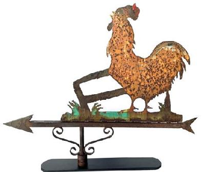 Z16 Folk Art Weathervane featuring an iron silhouette cutout of a crowing Rooster atop an iron arrow shaped directional. Areas of original painted surface are visible throughout this amazing piece of Folk Art. Mounted on a professionally made metal base for display purposes.