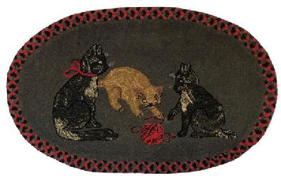  *SOLD* E538 Exemplary American Hooked and Braided Rug on stretcher, ready to hang  features three playful cats with a ball of yarn centered in a tightly hooked oval grey wool background with two complimentary braided wool rows to frame the outer border.