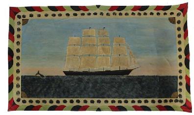 C536 20th century painted canvas rugs also known as floorcloths or oylcloth, of a ship at sea with a whale great colors good condition