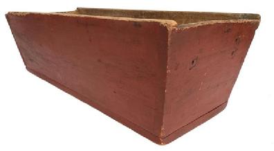 E181 Early 19th century signed  dovetailed Dough Box, original dry red paint, canted sides with a pegged on bottom and stamped and signed  by maker H. E. Meyers 