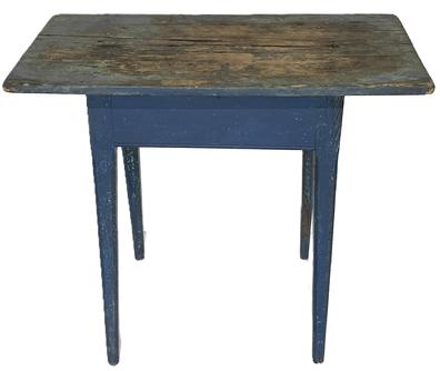 **SOLD** RM1548 18th century splay leg hepplewhite table boasting an old soldier blue paint over the original robin egg blue painted surface. One board top boasts extensive wear from years of use and is secured to base with wooden pegs and rosehead nails. The tall, lambs tongue edged, splayed legs are mortised and pegged into the apron. Nicely beaded edge adorns the bottom edge of the apron. The wood is pine.  Circa 1750s.  Measurements: 34 wide x 18 ¼ deep x 29 ½ tall.