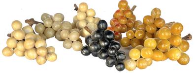 J422  J422F (7) clusters of Stone Fruit Grapes with wooden stems. Clusters replicate White, Golden and Black Grape variations. Each cluster measures between 6 and 7 long. Sold individually.