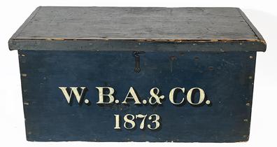 H979 Fantastic 19th century Pennsylvania document / storage box, with the original dark blue painted surface featuring W.B.A.&CO. 1873painted in white letters with black shadowing on the front panel. Six board, square head nail construction retaining original hardware.  Super clean, natural interior. 