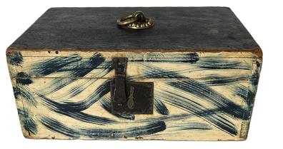 K1645 Very nice, early 19th century New England document box with original lock boasting beautiful original paint decorated surface with blue decoration on a white background. Dovetail and small wire nail construction. No key. The wood is pine. Circa 1830s-1840s. Measurements:  14 ½ wide x 9 ¾ deep x 6 ¼ tall.  