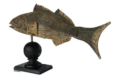 **SOLD** K1554 Folk Art hollow full body Fish Weathervane with embossed scales, crimped fins, painted eyes and traces of the original painted surface. Molded tin / sheet metal construction with applied fins and secure soldered seams throughout. Mounted on a custom-made base for display purposes. Approximate measurements: 39 ½ long x ~24 tall (mounted height).  