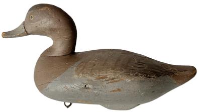 **SOLD** K190 Early Bluebill Hen Decoy carved by R. Madison Mitchell (1901 - 1993) of Havre de Grace, Maryland. Circa late 1940s. Working decoy with original painted surface and original weight, ring and staple intact on bottom.