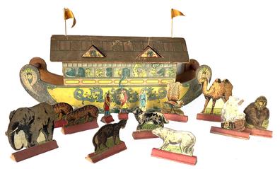 J403 Early 20th century Lithographed paper on wood Noah's Ark Toy with 10 lithographed cardboard animals with wooden bases, three lithographed cardboard people with wooden bases and two cloth flags for the roof of the ark. Both wooden roof supports are also present  and retain the lithographed paper on each of the ends. The cardboard top of the Ark has a few splits that have been secured with tape. Circa 1920s  1930s. Measurements: 17 ¼ long x 3 ¾ wide x 6 ¾ tall. 