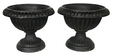 K10 19th century matching pair of small, solid cast iron garden Urns bearing old black painted surface. Each Urn measures 10 ¾ tall x 12 ½ diameter (at widest points) x 7 ¾ diameter (bottoms)