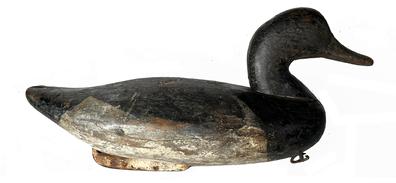 RM1510 Bluebill Decoy carved by James Holly (1855-1935) of Havre De Grace Maryland. Second coat of working paint with areas of original paint showing through. Original staple, ring and iron keel weight intact on bottom. NOTE: James Holly was the youngest son of John "Daddy Holly, Sr. and was a boat builder and craftsman by trade. 