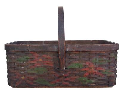 Z6 Early 20th century paint decorated  Vegetable gathering Basket, with reinforced bottom,  hand carved steamped and bent handle the back ground color is black with red and green decoration. 17" long x 11" wide x 13" tall