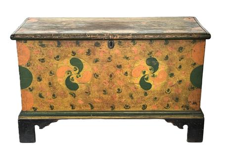 **SOLD** K1575 Spectacular York County, Pennsylvania late 18th century to early 19th century original yellow painted blanket chest with original green and pumpkin decorations including pinwheels and half-circles resting on an original black painted applied bracket base with nice, tall cut out feet. Six-board dovetailed construction. Circa 1790s-1820s. Natural patina interior. Measurements: 37 ½ wide x 17 deep x 22 ½ tall.  