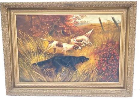 J275 Late 19th century Hunting scene featuring three Pointer Dogs hunting in tall grasses. No visible signature, however the Provenance included with this painting states it was painted by Elma Hall Sharp of Arcade, NY. Circa 1894  1897.  Painting is oil on canvas and is exquisitely framed. Please see photographs for close-ups of the great condition and paint details, as well as a copy of the Provenance. Framed measurements: 36 ½ wide x 26 ¾ tall x 3 deep. Canvas portion measures 30 wide x 20 tall. 