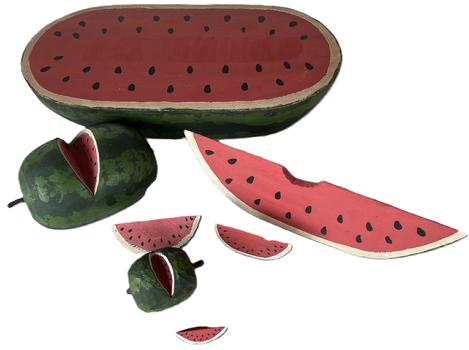 K1758 Hand carved 7-piece Folk Art wooden watermelon grouping. Signed and dated Mary Myers 06. Excellent hand-hewn carving and detailed painting. Solid wood. Measurements range in size from largest half piece: 14 ¼ long x 7 wide x 3 ¾ tall to smallest slice 1 ¾ long x ¾ wide x ¾ tall.    