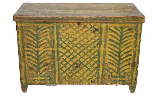 **SOLD** K1738 Late 19th century North Carolina African American painted pine blanket chest featuring green painted fern and crosshatch decorated surface on a yellow background. The lid reads March the (??). Interior bears natural patina surface with a pencil stick-figure drawing and inscribed Rallghi Dove inside the lid. The bottom board of the interior, below original till, reads: Rallghi Dove put the lock on. Square head nail construction. Measurements:  34 wide x 19 ¼ deep x 22 ½ tall. 