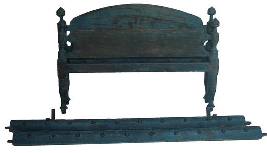 V271  Early 19th century original blue painted Rope Bed, with acron turned post, circa 1820 1830 52 1/2" wide x 76" long x 35" tall