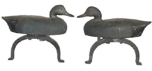 E222 1925-1930'S.  PAIR OF DECOY ANDIRONS. THEY ARE BOTH VERY WELL SIGNED/MARKED RICHARD F.H. CLANCEY SOUTH ST. NEEDHAM, MA. (MASSACHUSETTS). MANY OF RICHARD CLANCEY'S CAST IRON WORK IS SIMPLY MARKED R.F.H. CLANCEY BUT THIS PAIR OF ANDIRONS HAPPENS TO HAVE IS 1ST NAME RATHER THAN JUST HIS INITIALS. Art cast iron pair of Decoy Andirons each decoy embossed on reverse "RICHARD F.H. CLANCEY / SOUTH ST. / NEEDHAM, MASS.", base "SOUTH ST. / RICHARD CLANCEY / NEEDHAM, MASS." and rear log supports stamped "RICHARD F.H. CLANCEY / SOUTH ST. / NEEDHAM. MASS.". First half 20th century. 11" H,19 3/4" D.