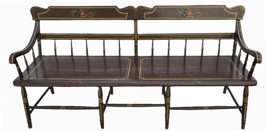 K1634 Early 19th century Pennsylvania paint decorated half spindle back settee bearing original brown painted surface with decorative mustard pinstriping and fruit motif, one board plank seat with pinstripe decoration, scrolled arms bearing pin striping, turned spindles, and rests on turned painted legs. The wood is pine. Often called a "Deacon's" or Hall Bench, this sturdy example is from about 1840. Measurements: 70 ¾ long x 21" deep x 32 ½ tall. Seat height is 16 ¼ tall.   