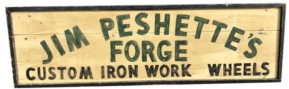 *SOLD** E77 Early 20th century trade sign " Jim Peshette's forge custome iron work and wheels",advertise early iron wheels for Model T's and wagon's , painted on board with applied molding one sided , black letter on a off white back ground. Found in Pa purcased from a private sign collection