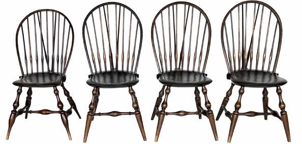 H447 Set of 4 Wallace Nutting Braceback Windsor chairs. Three retain the stamp 301 with partial paper labels, and one retains the stamp 303 with full paper label and WALLACE NUTTING stamp below the label. Each chair retains its original light brown finish.