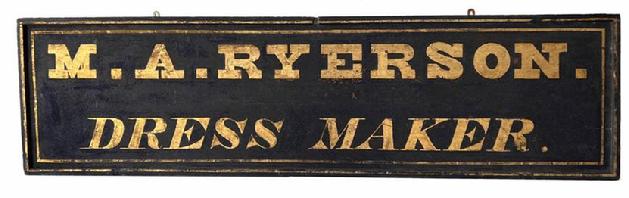 H56 Wonderful New England trade sign advertising M. A. RYERSON. DRESS MAKER. Wooden sign retains original gold lettering on a black sand painted background and boasts two gold stripes around its entirety that enhance the wooden frame encasing all edges. The fantastic parallel pit saw marks along the entire back side of the sign dates it between the 1840s and early 1860s. 