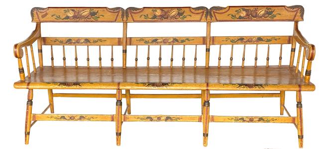 **SOLD** F306 Mid 19th century Pennslyvanis paint decorated Settee,Paintted, Pennsylvania, plank-seat settee of the mid-19th century (1845-1865), in the half-spindle-back style with an angel wing crest rail. The mustard yellow with green leaves , brown fruit and red striping. The theorem-like registers on the crest rails are typical of rural Pennsylvania chairs and benches. There is a large fruit in the center