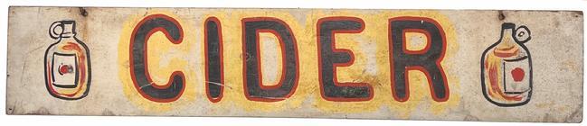 **SOLD** H128 Mid 20th century road side Trade Sign for hom madee "Cide" this sign is two side and is painted on a single board in the colors of white , red, black and yellow. 