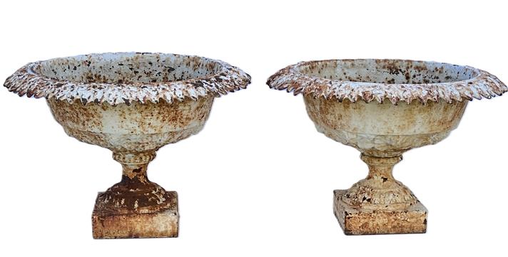 K179 Pair of Ornate Cast Iron Garden Urns