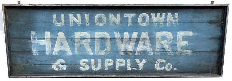 G344 Late 19th century Pennsylvania two sided trade sign, Uniontown Hardware Supply Co. from a small town south of Pittsburg Pa this sign is two sided with one side in a a black and white paint and the front is blue and white, with applied molding