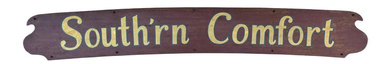 **SOLD** K1693 Early 20th century banner-shaped Sign from a Boat that reads: Southrn Comfort. Letters are hand painted in gold gild with blue outlining. The wood is Mahogany. Circa 1920s-1930s. This style sign was very popular on Chris Craft mahogany boats during that time period. Measurements: 57 ¾ wide x 3/8 thick x 8 tall.  