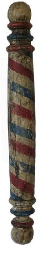 **SOLD** K1769 Wonderful late 19th century original red, white and blue painted solid wood turned Barber Pole. Nice, solid wooden ball turnings and decorative ring turnings on both top and bottom add to the visual appeal of this pole! Found in Pennsylvania. Approximate measurements: ~3 center diameter x ~31 ½ long.  