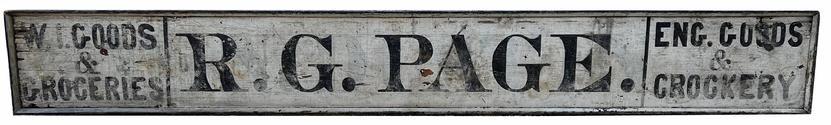 H288 Early to mid-19th century General Store Trade Sign for "R.G. Page." advertising "W. I. Goods & Groceries" on one end, and "Eng. Goods & Crockery" on the opposite end. Sign is from Vermont. Black lettering on a white background. Molding surrounding all sides secured with square head nails. Early screws secure the battens on the back. Measurements: 111" long x 14 1/2" tall x 1 1/2" thick