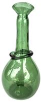 RM1527 Early 19th century hand-blown green glass Onion Bottle / Demijohn / Wine Decanter. Heavily bubbled glass bearing a kicked-in bottom, a nicely flared oval shaped funnel lip rim, a blown glass stringing band applied around the ribbed neck and a very rough-edged open pontil mark on bottom from blowpipe.  Approximate measurements:  9 ¾ tall x 4 diameter at bottom. The flared top rim measures 1 3/8 x 2 oval.