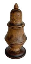 M8 Early 1900s wooden Treenware Sugar Shaker / �Muffineer� with acorn finial - used for sprinkling sugar, pepper and spices � particularly cinnamon � over food (generally muffins). This solid wooden example is marked �France� on bottom and shows evidence of a very early glue repair to the base.  Measurements: 3� bottom diameter x 7� tall. 