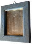 **SOLD** L155 Sweet, small sized 19th century looking glass with the original mirror encased in a molded edge frame retaining its original blue painted surface. Nice, original surface with great wear. The wood is walnut. Sawed plank backing held in place with early screws. Measurements: 5 7/8� wide x 6 7/8� tall x &frac34;� thick. Molded edge is 1� wide. (Opening for looking glass area measures 3 5/8� wide x 4 5/8� tall) 