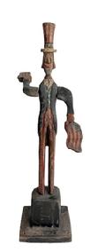 **SOLD** RM1622 Folk Art hand carved and painted wooden block-cut style Uncle Sam whirligig mounted on wooden base. Uncle Sam features carved hair/facial and coat/vest/hat details all painted in a patriotic red, white and blue theme. He is holding a flag in each hand, and the arms spin freely to depict �waving the flags�. Measurements:  Overall height is 23 &frac14;� tall. Base measures 6� wide x 5 &frac12;� deep. 