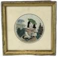 H377 Small gold gild framed watercolor portrait of a girl in a garden setting, wearing a green hat and holding an animal in her lap. Appears to have been drawn in graphite and colored with watercolors with detailing added to the trim of her dress and necklace, as well as the garden sculpture in the background. Framed measurements: 4 5/8� square x 1/2� thick. The round portrait area is 2 &frac12;� diameter. 