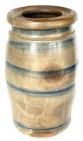 **SOLD** M122 19th century Western Pennsylvania region Wax Sealer canning crock with five wide cobalt blue stripes decorating the front. Circa 1875. Slightly tapered sides with wax sealer rim. Measurements: 4 &frac12;� top diameter x 8 &frac12;� tall. 